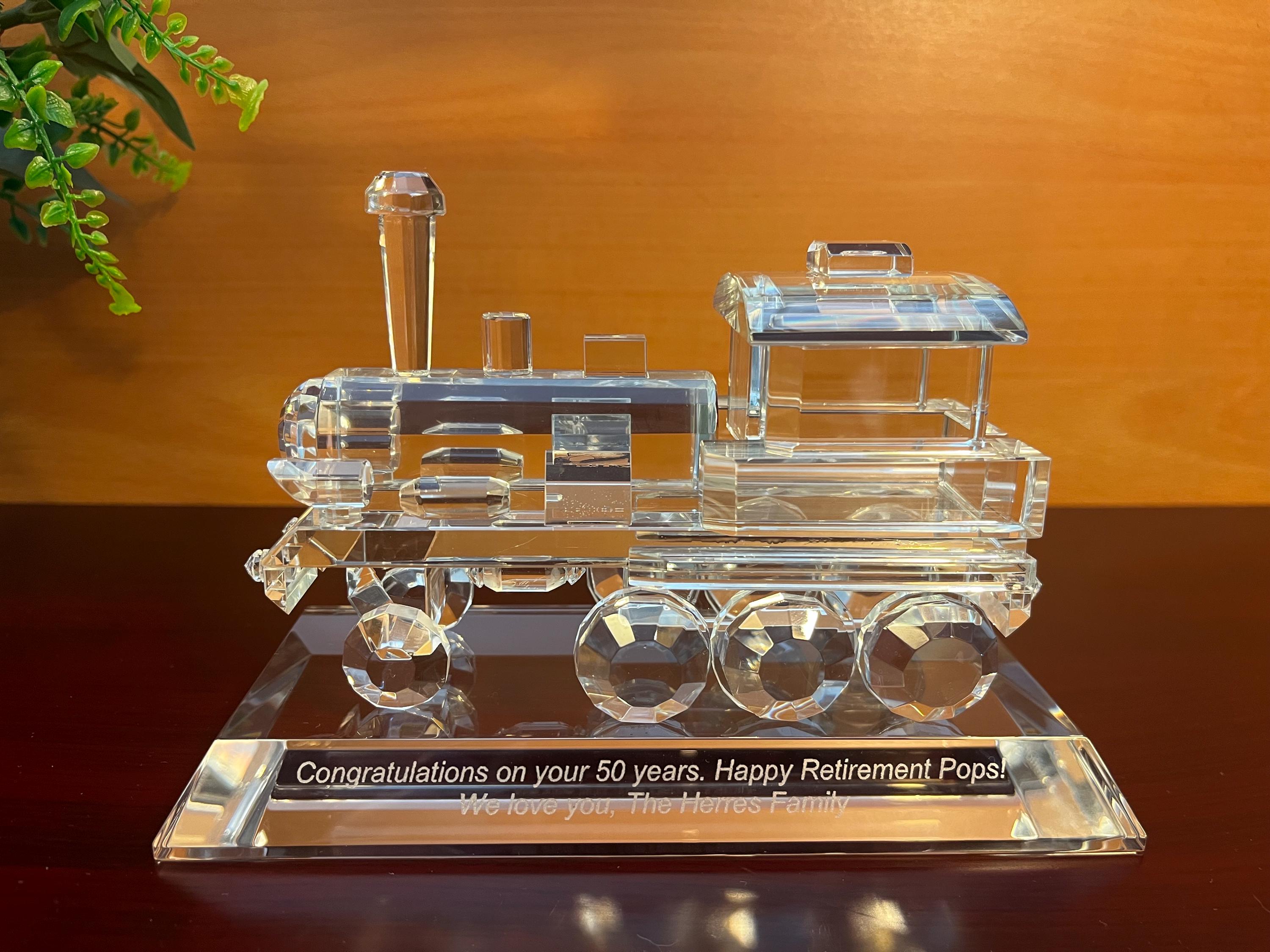 Crystal Engine Train Figurine, Home or Office Decor, Add Engravable Base to Make It a Gift, Award or Trophy for Transportation Industry.