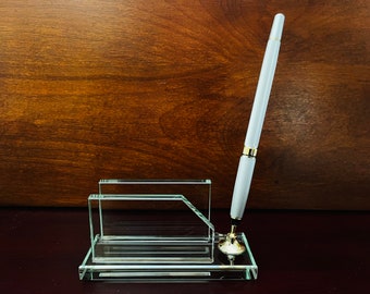 Jade Glass Desk Top Business Card Holder with Silver Pen, Free Engraving, Perfect for Office Supplies, Personal Gift or Corporate Award.