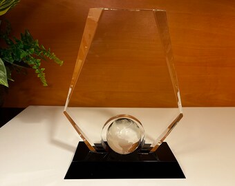 Crystal Globe Plaque with Black Base,Free Engraving, 3 Sizes Available. Ideal Gift for Promotion, Award for Global Business Recognition.