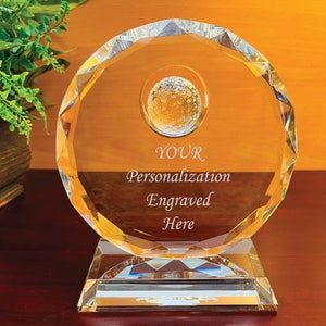 Crystal Golf Round Plaque Award w/Gem-cut Edges, Free Engraving, 3 Sizes Available, Ideal Gift for Golf Tournament, Golf Coach, Students.