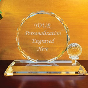 Crystal Golf Round Award w/Spinnable Golf Ball & Gem-cut Edges, Free Engraving, 3 Sizes , Ideal Gift for Golf Tournament, Coach, Students.