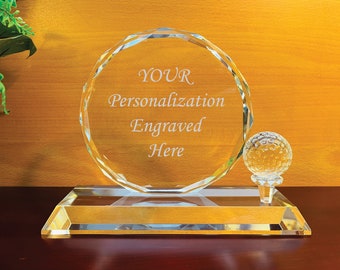 Crystal Golf Round Award w/Spinnable Golf Ball & Gem-cut Edges, Free Engraving, 3 Sizes , Ideal Gift for Golf Tournament, Coach, Students.
