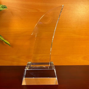 May include: A clear, crystal glass award with a rectangular base and a curved, upward-sweeping design. The award is displayed on a dark surface against a warm, wooden background. A green plant is visible on the left.