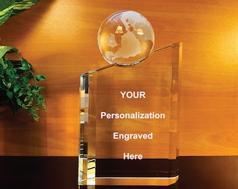 Crystal Globe Tower Gift, Award, Trophy, with Spinnable Globe. Free Engraving,  Ideal Gift, Corporate Award for Globe Related Recognition.