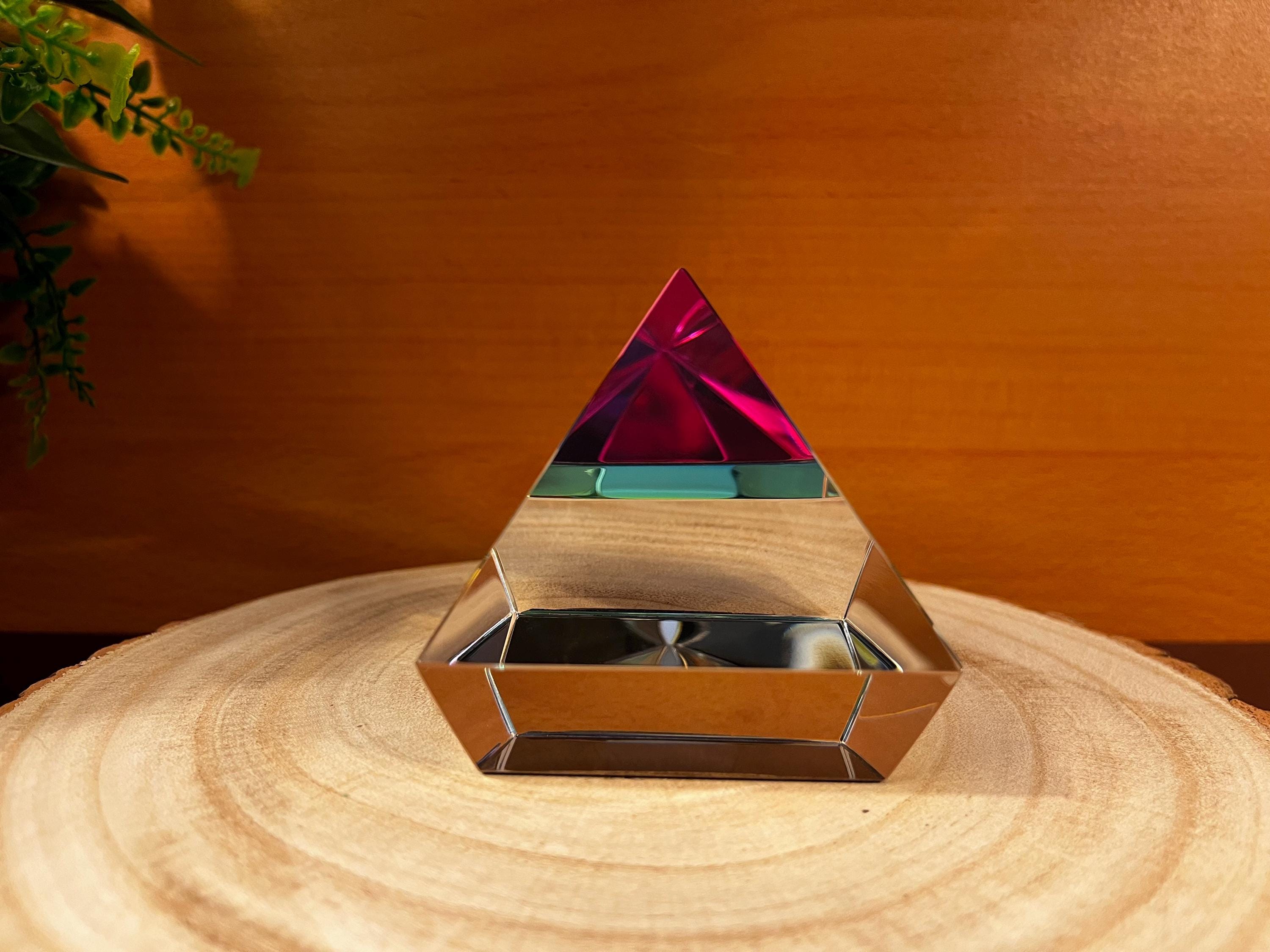 Crystal Rainbow Mounted Pyramid Paperweight, Gift, Award, Home or Office Decor, Blank or Personalized Engraving, Velvet Felt Bottom.