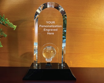 Crystal Globe on Black Base, Free Engraving, 3 Sizes Available. Ideal Gift for Promotion or Fundraising, Award for Business Recognition.
