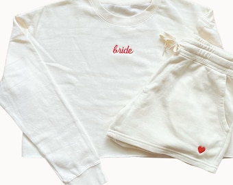 Personalized Bride Sweatsuit Set | Embroidered Cropped Sweatshirt & Fleece Shorts | Getting Ready, Bachelorette, and Honeymoon Outfit