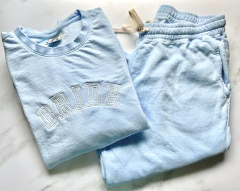 Personalized Bride Sweatsuit Set – Custom Embroidered Bridal Crewneck – Wedding Morning Outfit – Something Blue Bride Gift