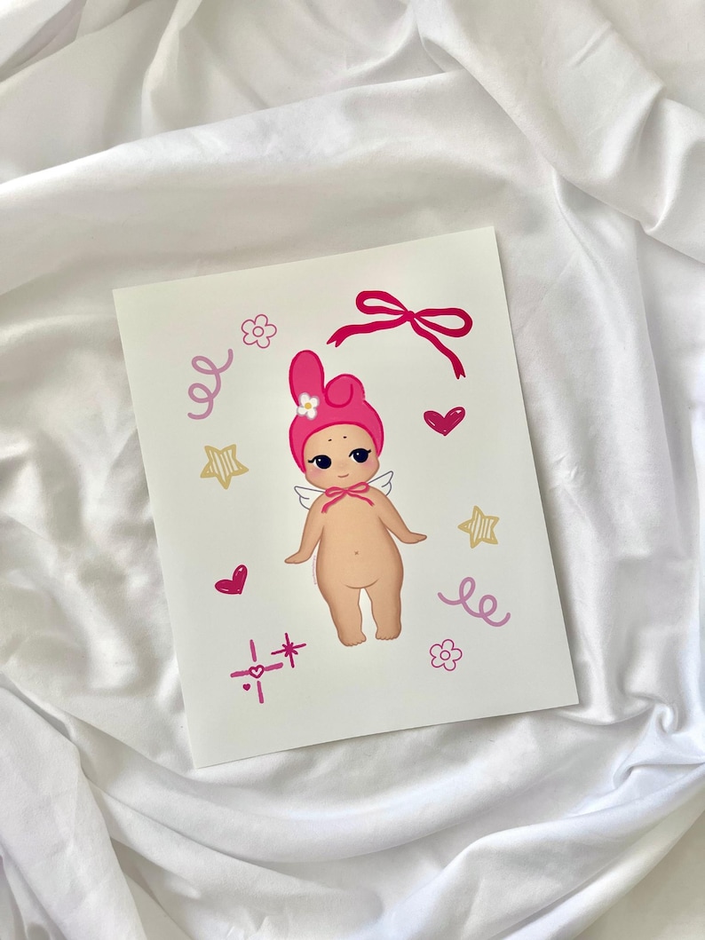 Pink Bunny Angel Baby Art Print 8x10, Kawaii Wall Art, Cute Sonny Art Prints, Kawaii Aesthetic Art Prints, Kawaii Room Decor image 2