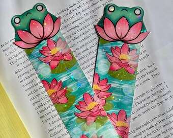 Lotus Pond and Frog Bookmark, Whimsical Bookmark ( 2x6in )