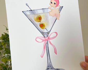 Pink Rabbit Angel Martini Art Print, Kawaii Coquette Bar Decor (8x10)