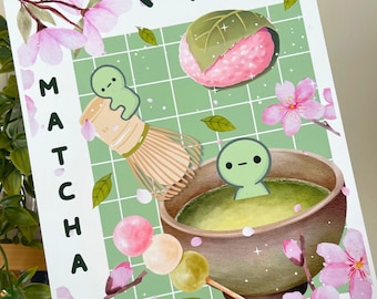 Sakura Matcha Green Guys Art Print 8x10, Kawaii Japanese Matcha Lover Print