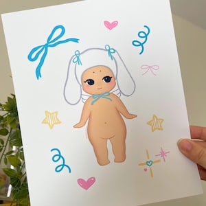 White Bunny Angel Baby Art Print 8x10, Kawaii Wall Art, Cute Sonny Art Prints, Kawaii Aesthetic Art Prints, Kawaii Room Decor image 1