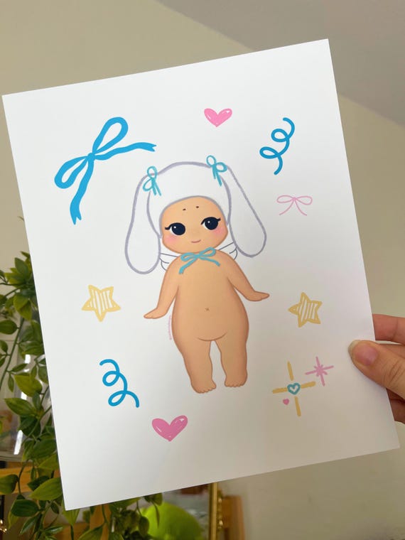 White Bunny Angel Baby Art Print 8x10, Kawaii Wall Art, Cute Sonny Art Prints, Kawaii Aesthetic Art Prints, Kawaii Room Decor