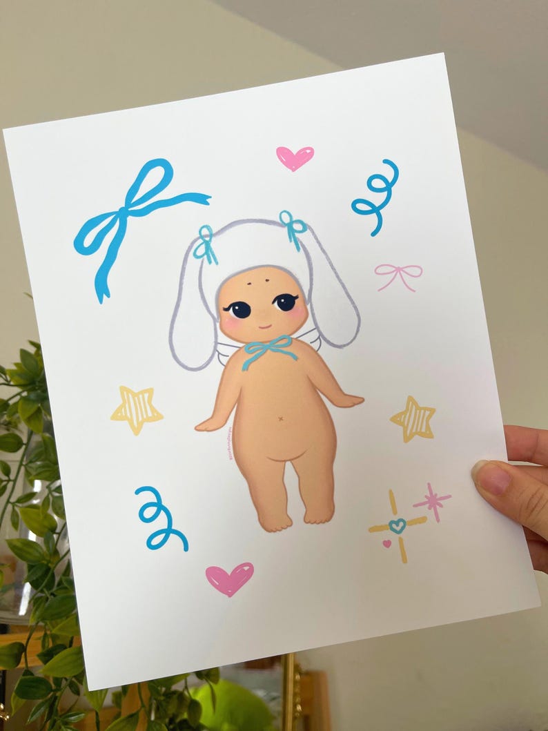 White Bunny Angel Baby Art Print 8x10, Kawaii Wall Art, Cute Sonny Art Prints, Kawaii Aesthetic Art Prints, Kawaii Room Decor image 1