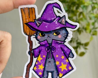 Cat Witch Sticker, Vinyl Die Cut Stickers Water Resistant Kawaii Stickers