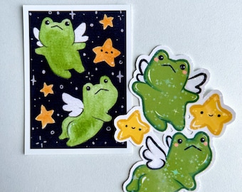 Frog Angels ACEO Print and Sticker Set - 2.5 in x 3.5 in ACEO Artist Trading Card by StarBunnyPaints