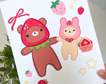 Strawberry Bears Art Print 8x10, Kawaii Strawberry Wall Art, Cute Original Art, Kawaii Bear Art Prints, Kawaii Aesthetic Room Decor Pink