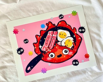 Kawaii Fire Demon Art Print, 8x10 Calcifer Anime Art Print, Kawaii Wall Art, Cute Anime Posters, Original Anime Art Prints, Howl's Print