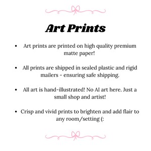 May include: White background with the text "Art Prints" in a bold, black font. Bullet points describe the art prints, including high-quality matte paper, hand-illustrated art, and crisp, vivid prints.