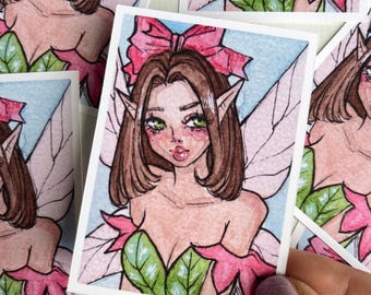 Flower Fairy ACEO Print – Whimsical Artist Trading Card (2.5inx3.5in)