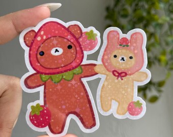 Strawberry Bears Sticker, Vinyl Die Cut Stickers Water Resistant Kawaii Stickers