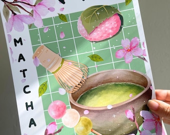 Sakura Matcha Art Print 8x10, Kawaii Japanese Matcha Lover Print