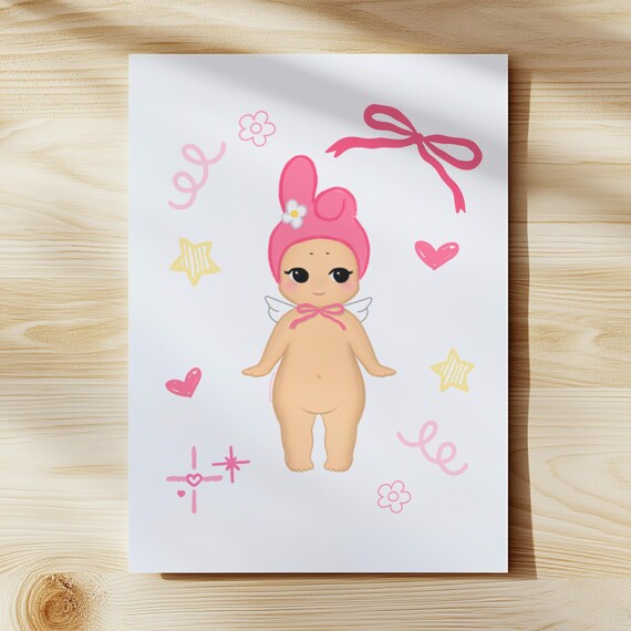Pink Bunny Angel Baby Art Print 8x10, Kawaii Wall Art, Cute Sonny Art Prints, Kawaii Aesthetic Art Prints, Kawaii Room Decor