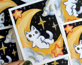 Moon and Cat Mini Print- ACEO Print (2.5 in. x 3.5 in.)