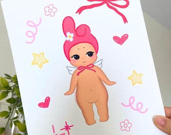 Pink Bunny Angel Baby Art Print 8x10, Kawaii Wall Art, Cute Sonny Art Prints, Kawaii Aesthetic Art Prints, Kawaii Room Decor