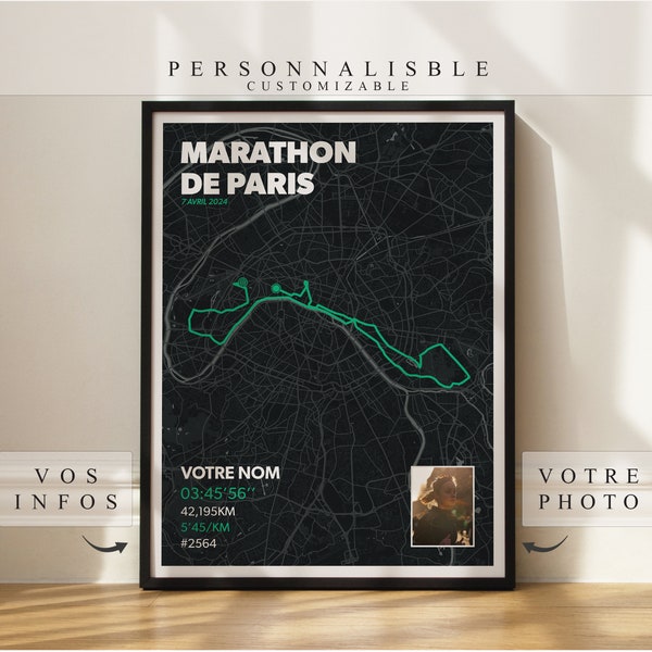 affiche personnalisée Marathon de Paris - Cadeau de course - Décoration Murale  - Impression Marathon - Cadeau Marathon - Personnalisée