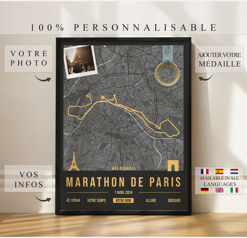 Personalized Paris Marathon 2024 Poster Wall Decoration Marathon Print Marathon Gift Personalized Print Black