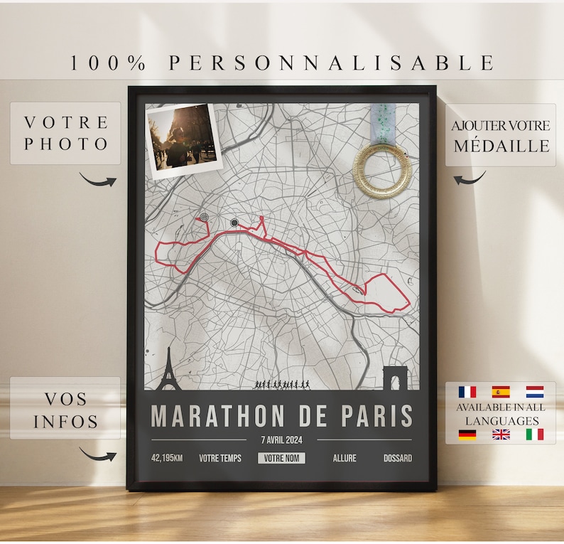 Personalized Paris Marathon 2024 Poster Wall Decoration Marathon Print Marathon Gift Personalized Print White