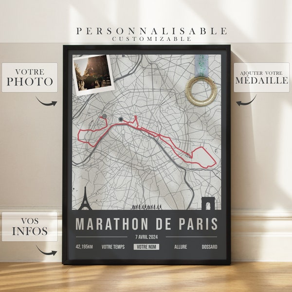 Gepersonaliseerde Parijs Marathon 2024 Poster - Wanddecoratie - Marathon Print - Marathon Cadeau - Gepersonaliseerde print