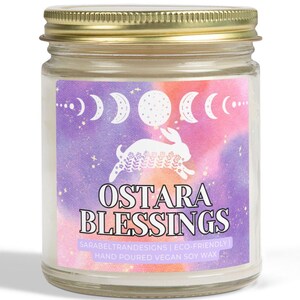Ostara Candle - Spring Equinox Ritual Soy Wax Candle, Pagan Goddess Eostre, Wiccan Witchcraft Gift, Easter Moon, Flowers & Rabbits