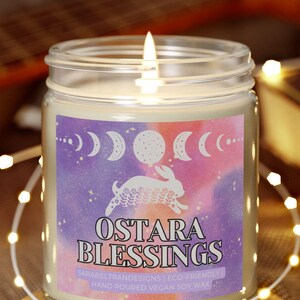 Ostara Candle - Spring Equinox Ritual Soy Wax Candle, Pagan Goddess Eostre, Wiccan Witchcraft Gift, Easter Moon, Flowers & Rabbits