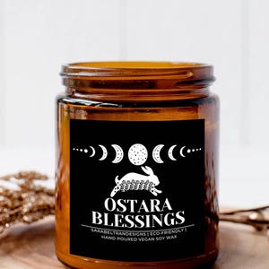 Ostara Candle - Spring Equinox Ritual Soy Wax Candle, Pagan Goddess Eostre, Wiccan Witchcraft Gift, Easter Moon, Flowers & Rabbits