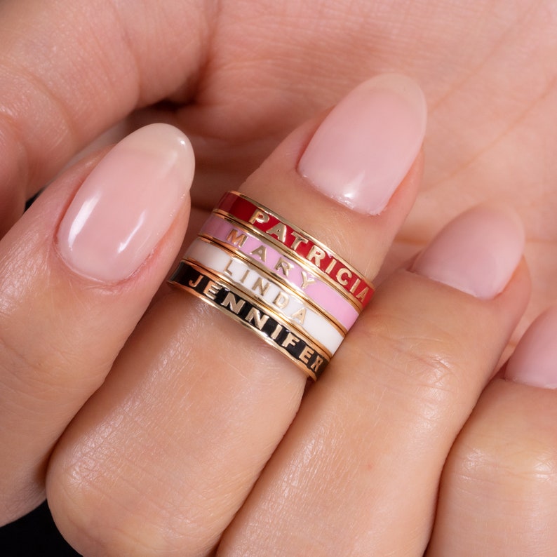 14k Gold Personalized Name Ring Customized Enamel Ring Etsy