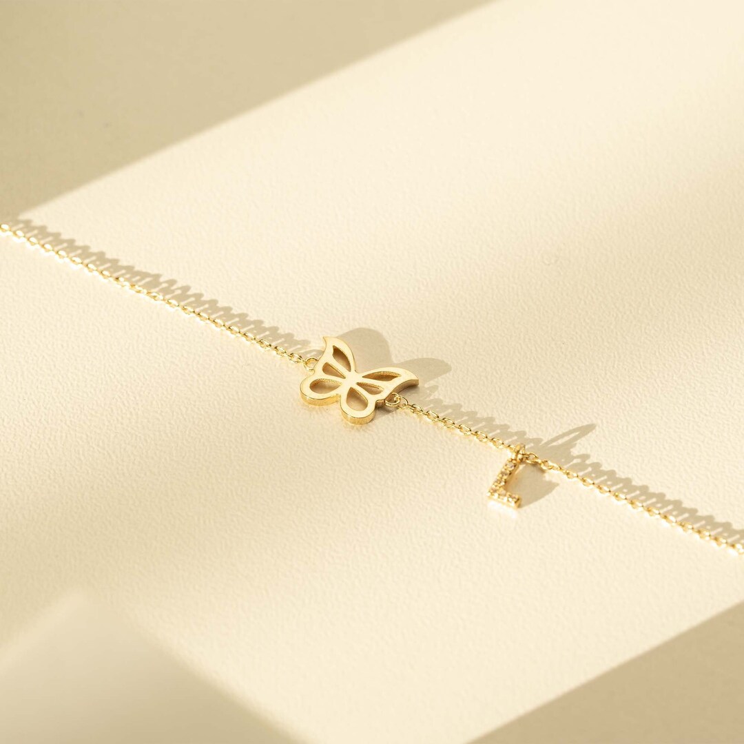 Personalized Initial Butterfly Bracelet 14k Gold Diamond Butterfly Bracelet With Dangle Initial