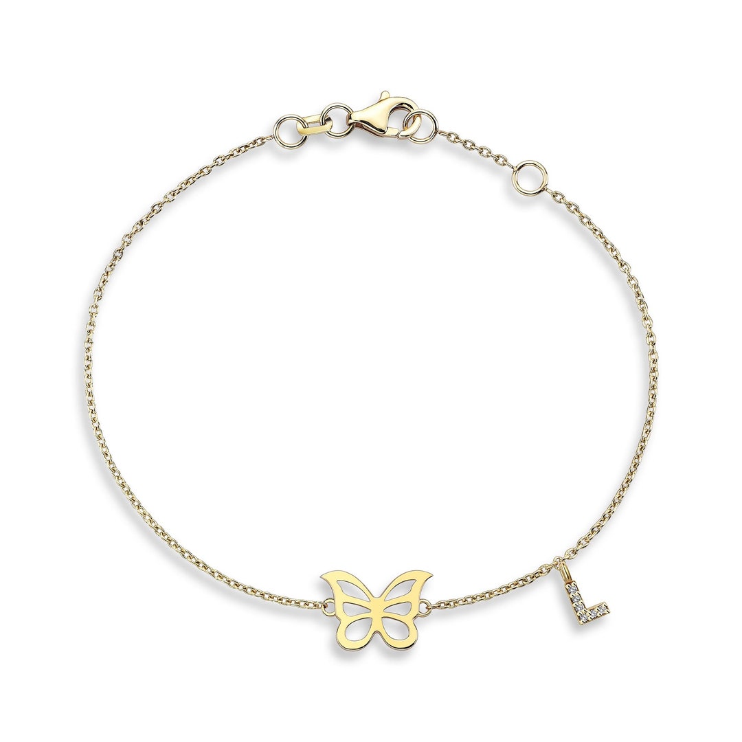 Personalized Initial Butterfly Bracelet 14k Gold Diamond Etsy
