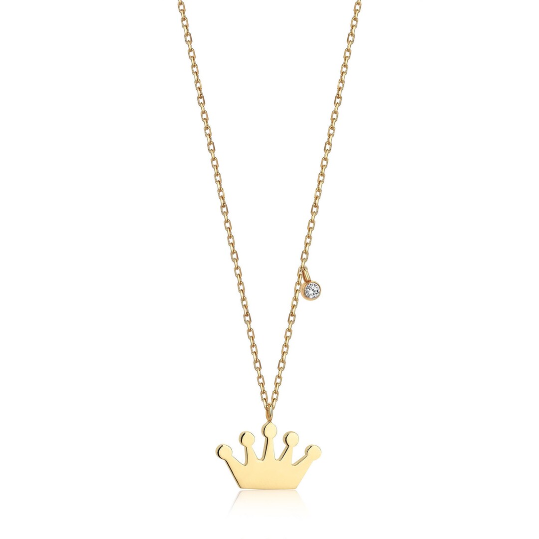 14k Diamond Gold Crown Necklace Diamond Princess Crown Pendant Dainty ...
