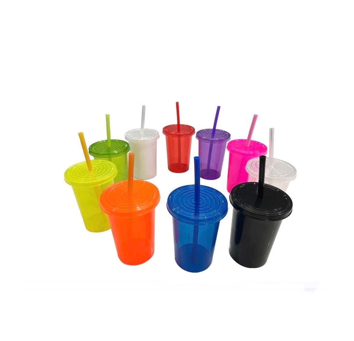 Bright Plastic Party Cups With Lid and Straw 16 Oz Assorted Colors Custom Party Cups