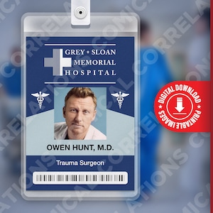 PDF DOWNLOAD - Owen Hunt Grey&#39;s Anatomy, Grey + Sloan Memorial Hospital Card Badge id, Cosplay Costume Name Tag Prop, Halloween, Replica