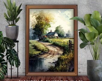 Countryside Nature Landscape Watercolor Painting / Vintage Art Print / Rustic Cabin Decor - 24 in. x36 in. - PRINTABLE