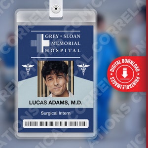 PDF DOWNLOAD - Lucas Adams Grey&#39;s Anatomy, Grey + Sloan Memorial Hospital Card Badge id, Cosplay Costume Name Tag Prop, Halloween, Replica