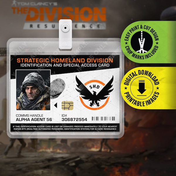 DIGITAL PDF DOWNLOAD - Tom Clancy's The Division Video Game Card Badge id, Costume Prop, name Tag, Halloween Cosplay Replica - 2.375x3.375in