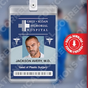 PDF DOWNLOAD - Jackson Avery Grey&#39;s Anatomy, Grey + Sloan Memorial Hospital Card Badge id, Cosplay Costume Name Tag Prop, Halloween, Replica