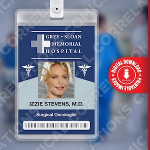 PDF DOWNLOAD - Izzy Stevens Grey&#39;s Anatomy, Gray + Sloan Memorial Hospital Card Badge id, Cosplay Kostuum Naamplaatje Prop, Halloween, Replica