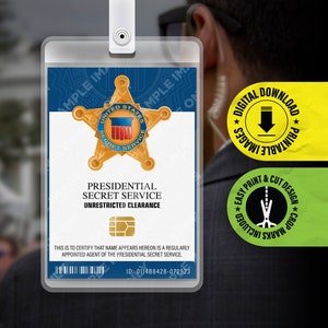 Cartão de identificação do serviço secreto presidencial, download digital de PDF, crachá, réplica de fantasia de Halloween, cartão de adereços, cosplay, crachá, impressão