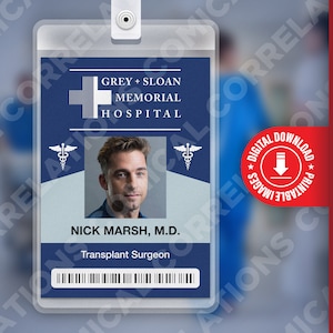 PDF DOWNLOAD - Nick Marsh Grey&#39;s Anatomy, Grey + Sloan Memorial Hospital Card Badge id, Cosplay Costume Name Tag Prop, Halloween, Replica